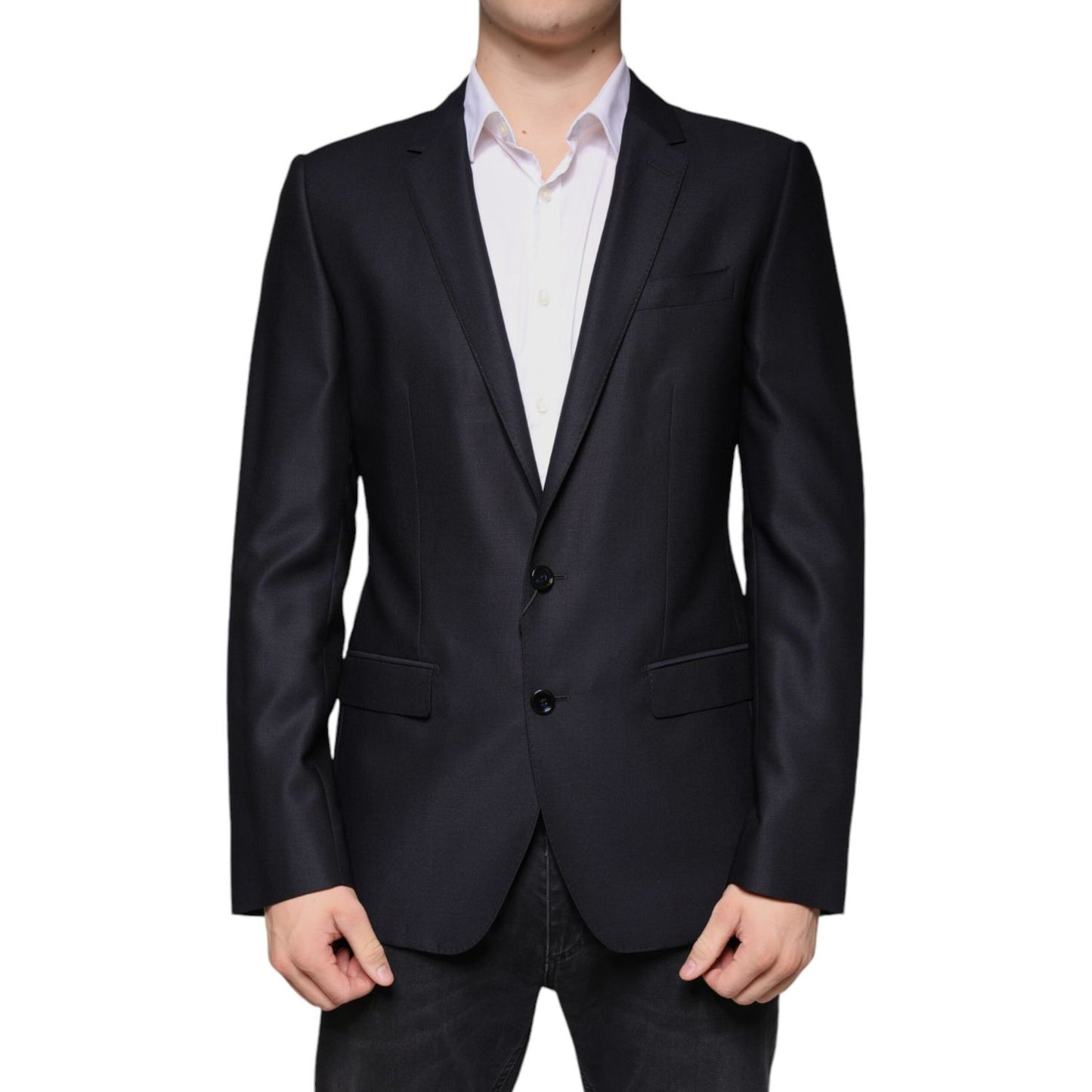 Dolce & Gabbana Dark Blue Wool Single Breasted Dress Coat Blazer