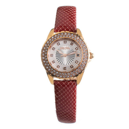 Folli Follie Red Leather Dress Watch with pink stainless steel case, gray dial, and mineral glass