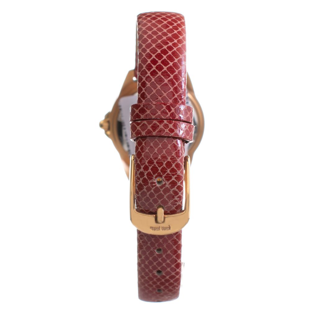 Folli Follie Red Leather Dress Watch with pink stainless steel case, gray dial, and mineral glass, featuring red leather strap with buckle.