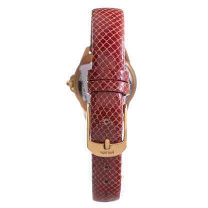 Folli Follie Red Leather Dress Watch with pink stainless steel case, gray dial, and mineral glass, featuring red leather strap with buckle.