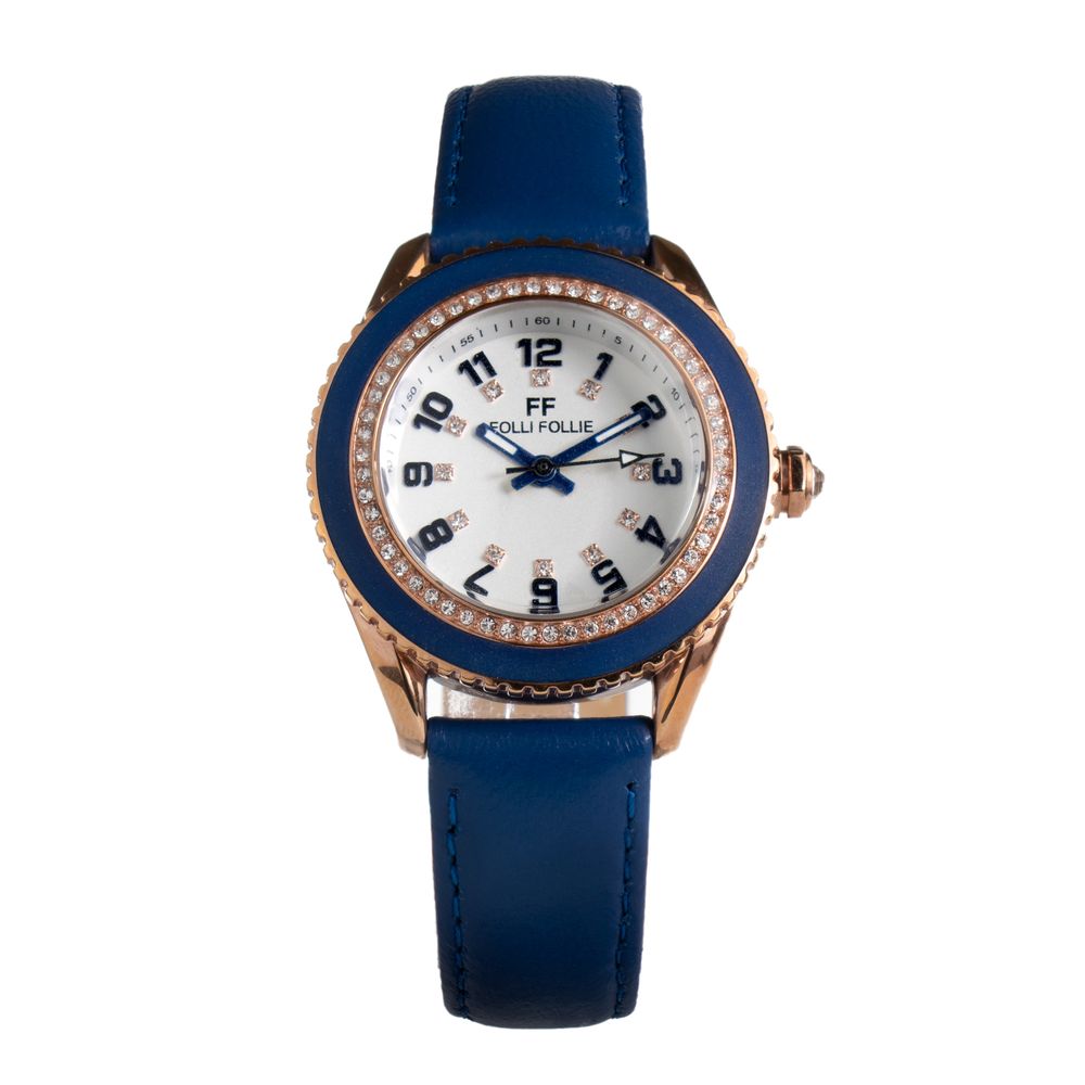 Folli Follie Blue Leather Dress Watch with gold stainless steel case, white dial, and blue leather strap.