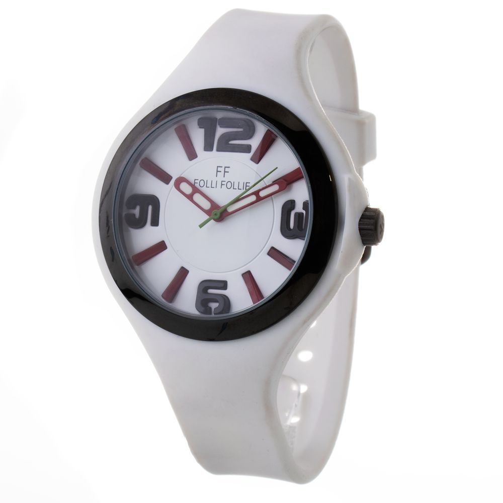 Folli Follie White Synthetic Sport Watch with black resin case, white silicone bracelet, and analog display