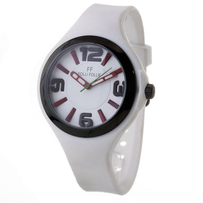 Folli Follie White Synthetic Sport Watch with black resin case, white silicone bracelet, and analog display