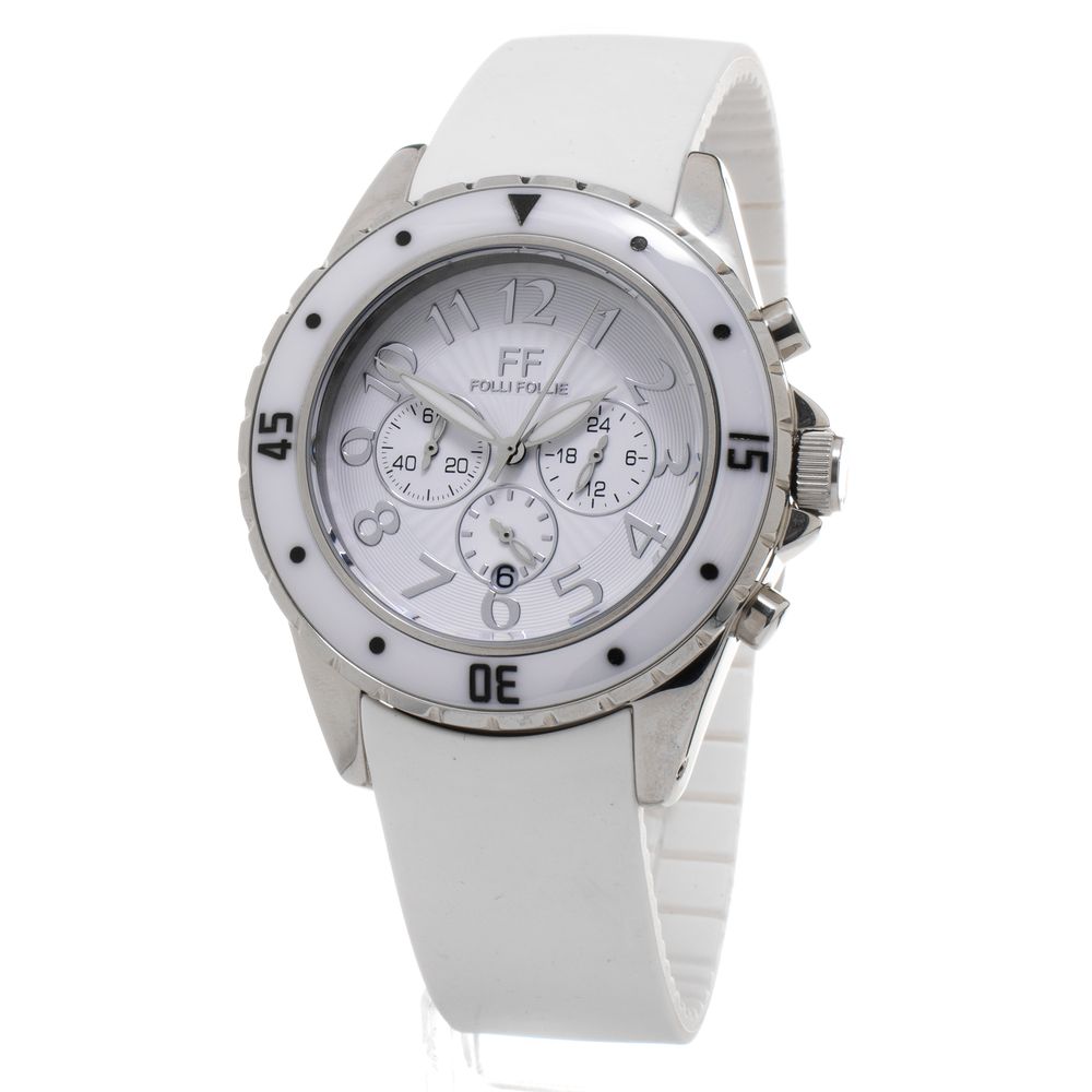Folli Follie White Synthetic Sport Watch with stainless steel case, white silicone bracelet, and analog quartz mechanism.