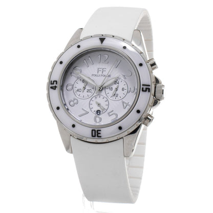 Folli Follie White Synthetic Sport Watch with stainless steel case, white silicone bracelet, and analog quartz mechanism.