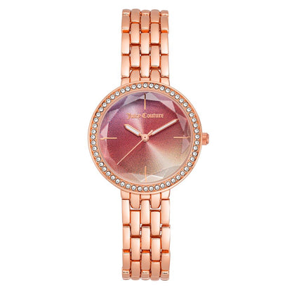 Juicy Couture Multicolor Metal Dress Watch with pink metal bracelet, multicolored dial, quartz mechanism, and jewelry closure.