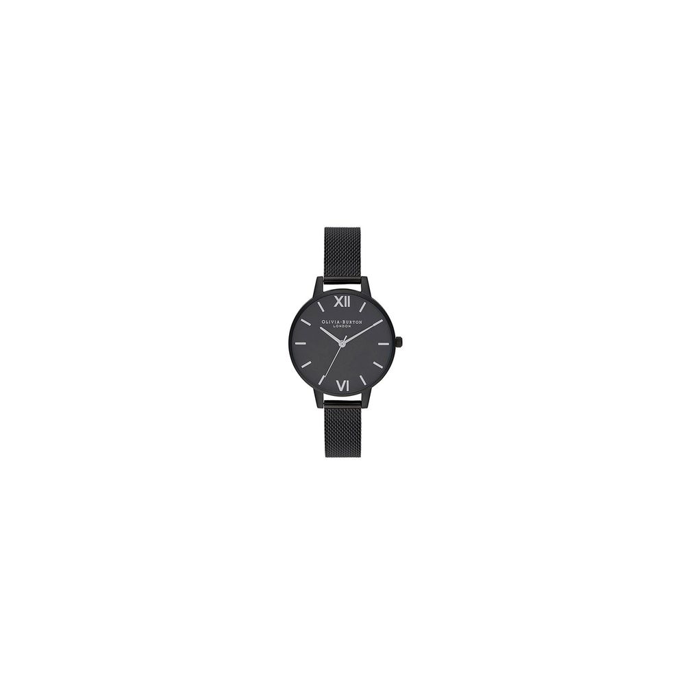 Olivia Burton Black Stainless Steel Dress Watch with quartz mechanism, analog display, black dial, and Milanese mesh bracelet.