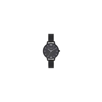 Olivia Burton Black Stainless Steel Dress Watch with quartz mechanism, analog display, black dial, and Milanese mesh bracelet.