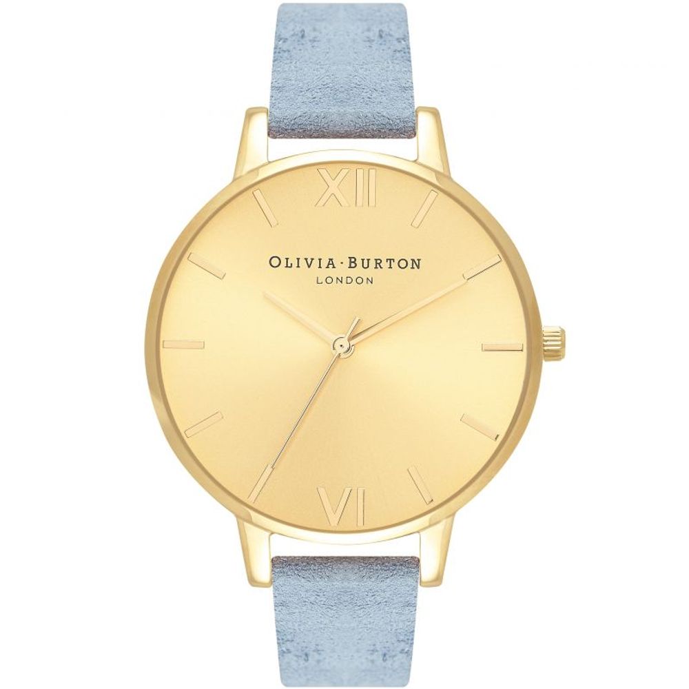 Olivia Burton Blue Artificial Leather Dress Watch with golden stainless steel case and blue synthetic leather strap.