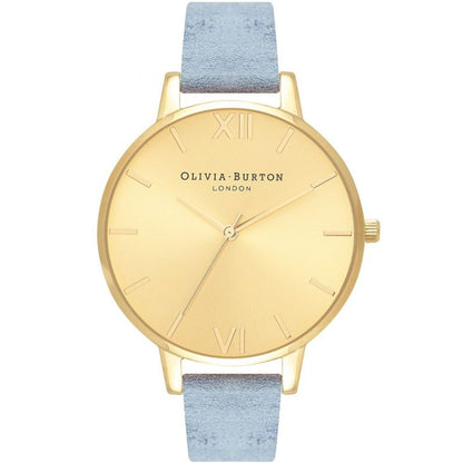 Olivia Burton Blue Artificial Leather Dress Watch with golden stainless steel case and blue synthetic leather strap.