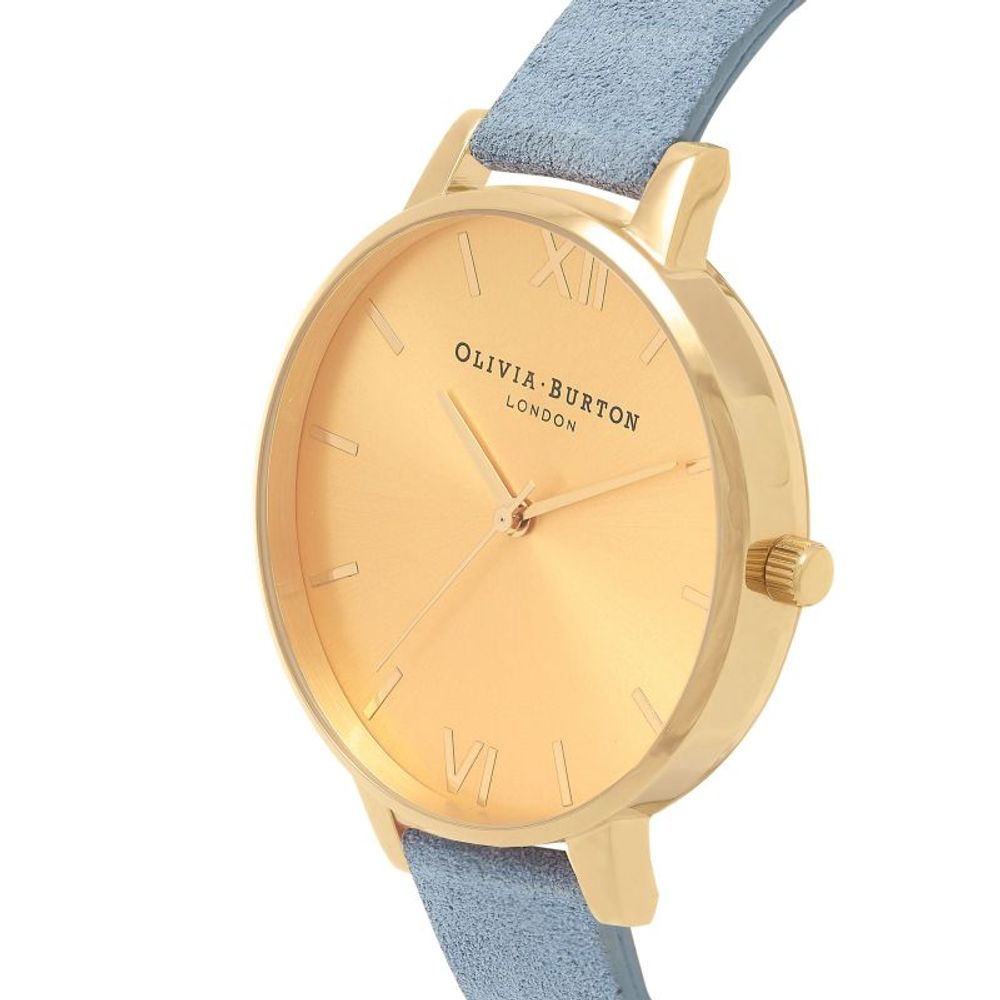 Olivia Burton Blue Artificial Leather Dress Watch with golden stainless steel case and blue synthetic leather strap.