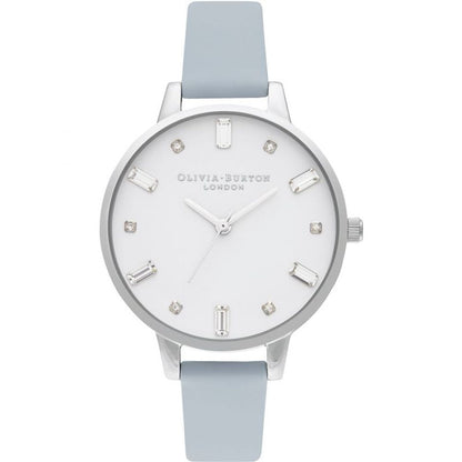 Olivia Burton Blue Artificial Leather Dress Watch with silver stainless steel case, white dial, and quartz mechanism. Fashionable and elegant.