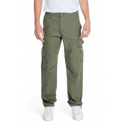 Jack Jones Green Cotton Cargo Pants with tapered fit and side pockets, offering comfort and practicality.