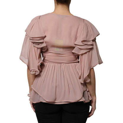 Alberta Ferretti Brown Silk Short Sleeves V-neck Pleated Top
