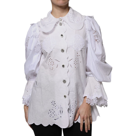 Dolce & Gabbana White Cotton Lace Trim Collared Blouse Top TSH86793-40