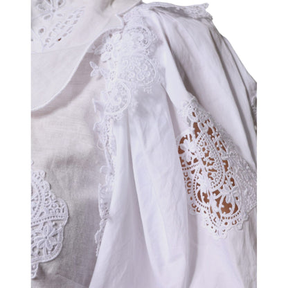 Dolce & Gabbana White Cotton Lace Trim Collared Blouse Top