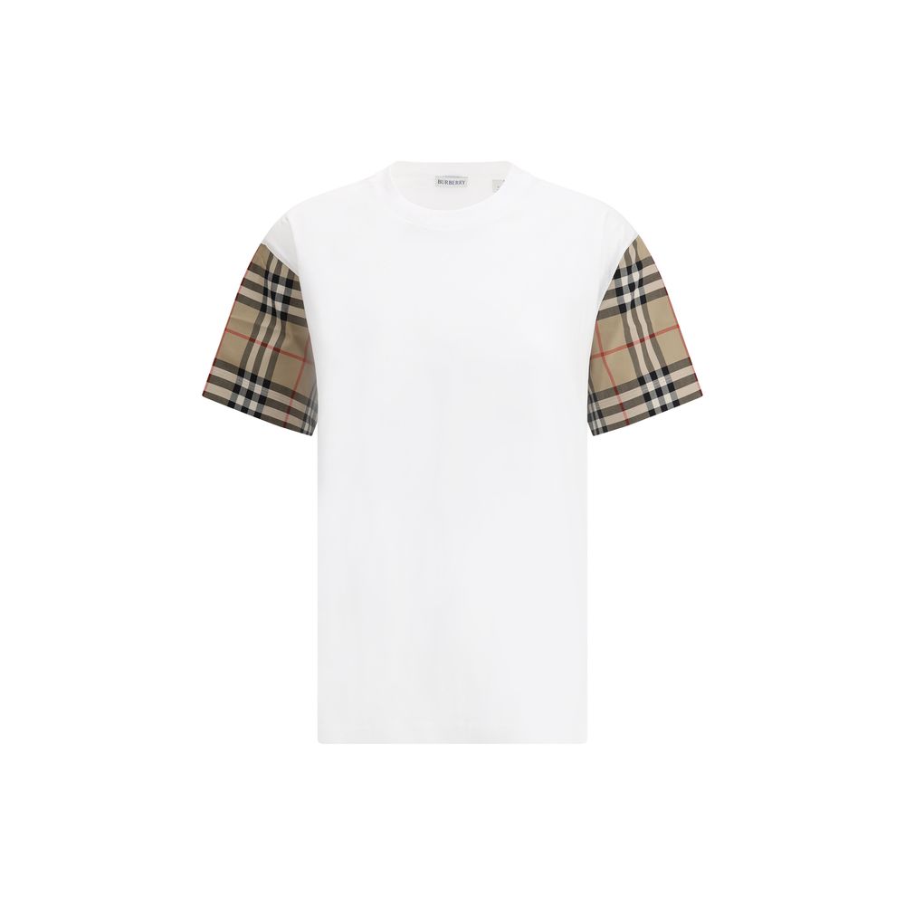 Burberry White Cotton T-Shirt with Archive Check sleeves and ribbed collar, stylish contrast design.