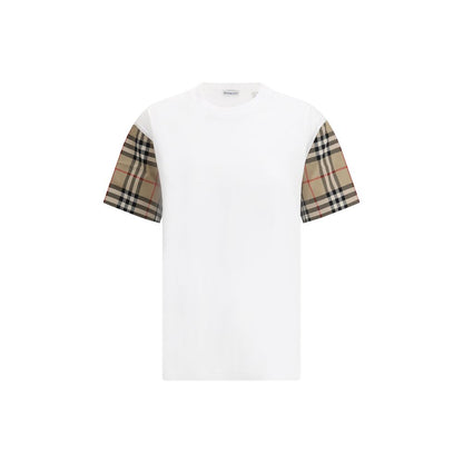 Burberry White Cotton T-Shirt with Archive Check sleeves and ribbed collar, stylish contrast design.