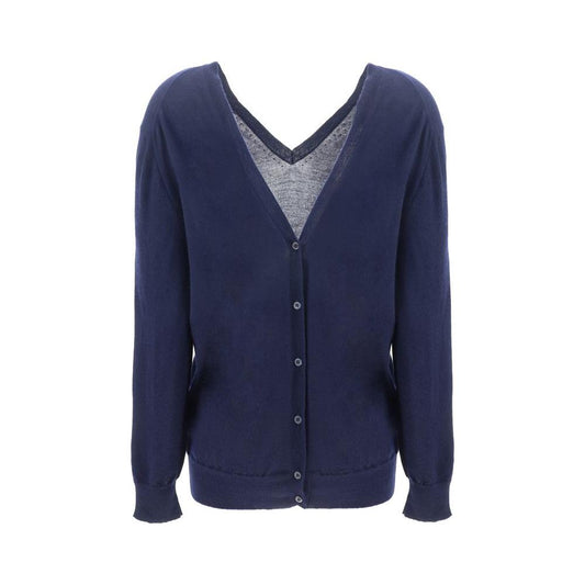 Luxurious Prada cashmere cardigan with button closure, ribbed cuffs, V-neck, and monochrome design for a chic, regular fit.
