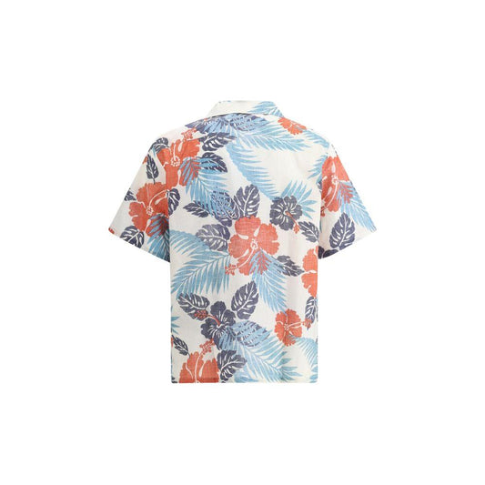 Prada Batista Ibiscus Shirt with multicolor floral pattern, classic collar, and short sleeves, featuring tone-on-tone buttons and welt pocket.