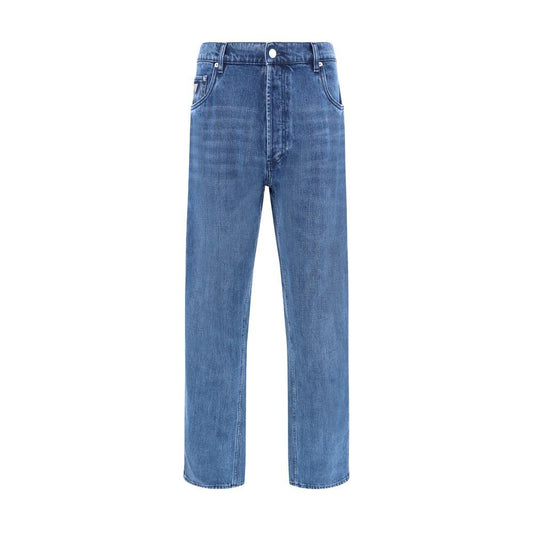 Prada Cotton Jeans with five-pocket design, button closure, and signature leather patch, showcasing contemporary and iconic style.