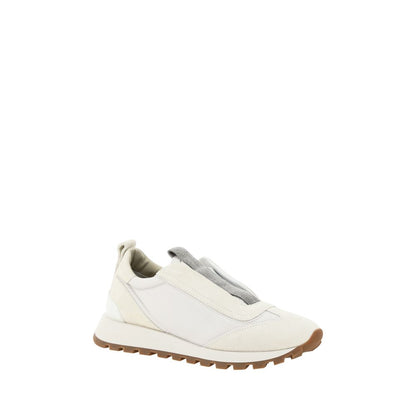 Brunello Cucinelli White Rubber Low Top Sneakers with slip-on design, round toe, and suede details, featuring iconic monogram on heel.