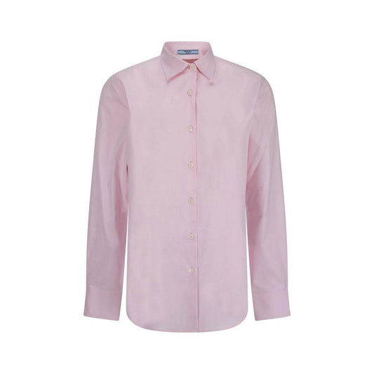 Prada cotton shirt with classic collar, button front, asymmetrical hem, and monochrome design, featuring adjustable cuffs and back strap.