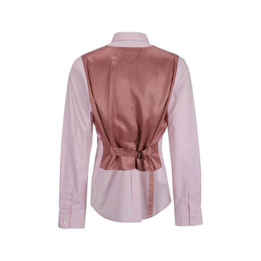 Prada cotton shirt with classic collar, back adjustable martingale strap, and asymmetrical hem, showcasing a chic monochrome design.