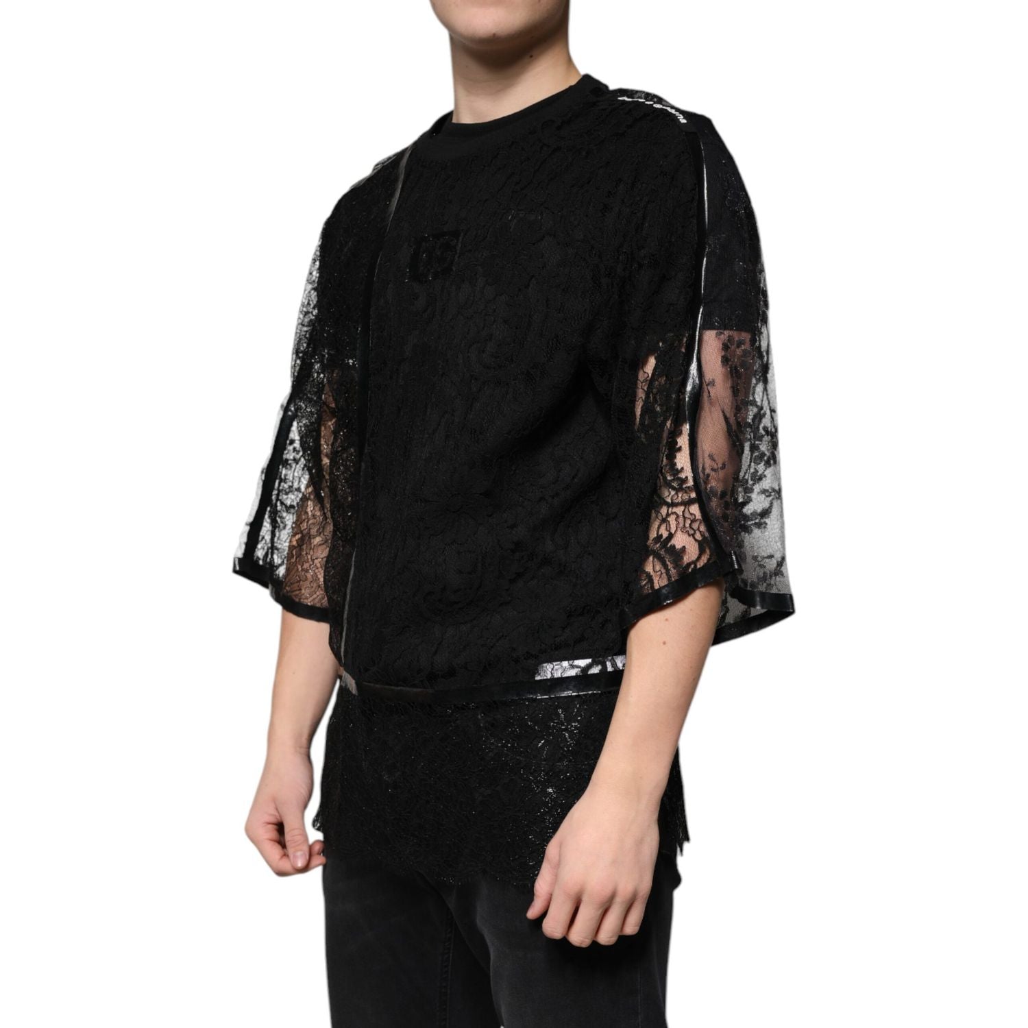 Dolce & Gabbana Black Nylon Floral Lace Crew Neck T-shirt