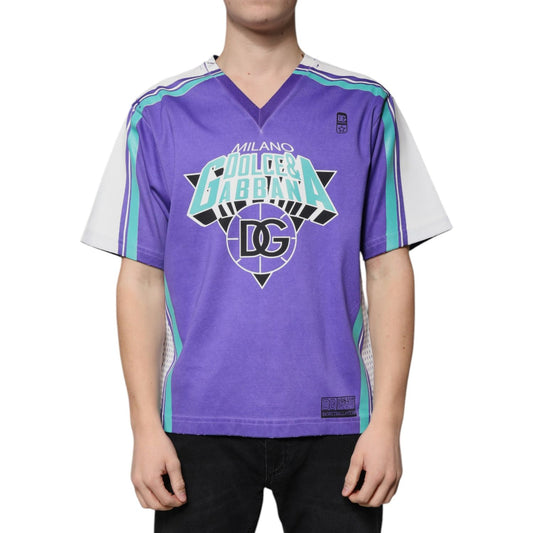 Dolce & Gabbana Purple Logo Jersey Cotton V-neck T-shirt