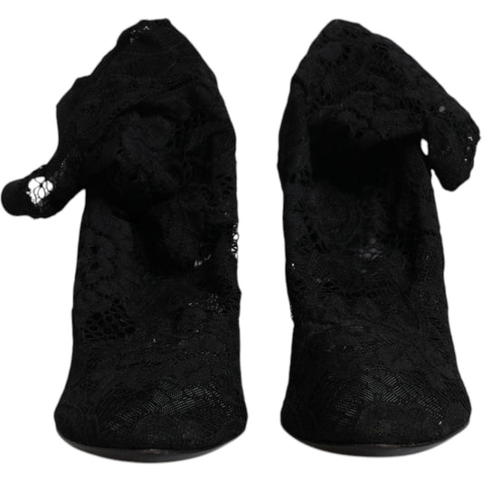 Dolce & Gabbana Black Lace Stretch Heels Mid Calf Boots Shoes