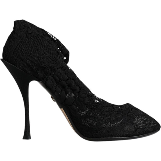 Dolce & Gabbana Black Lace Stretch Heels Mid Calf Boots Shoes