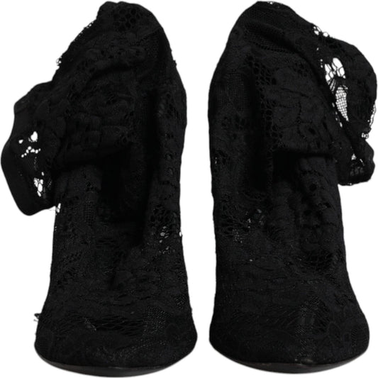 Dolce & Gabbana Black Lace Stretch Heels Mid Calf Boots Shoes