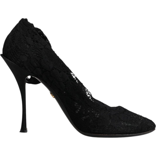 Dolce & Gabbana Black Lace Stretch Heels Mid Calf Boots Shoes