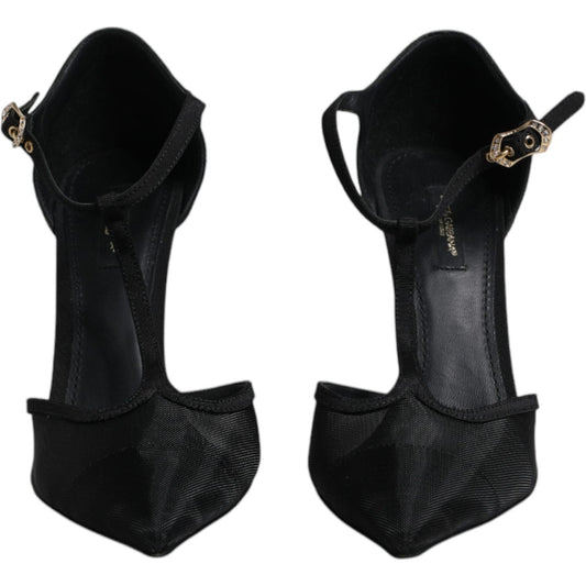 Dolce & Gabbana Black Mesh T-strap Stiletto High Heels Shoes