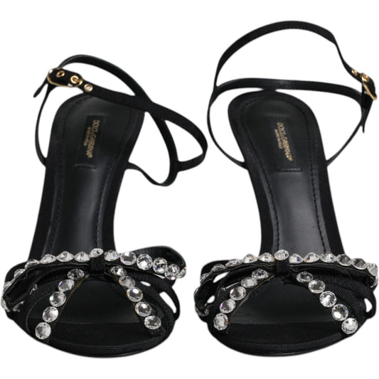 Dolce & Gabbana Black Leather Crystal Bow KEIRA Sandals Shoes