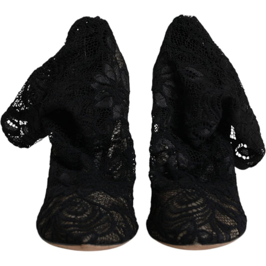 Dolce & Gabbana Black Lace Stretch Heels Mid Calf Boots Shoes