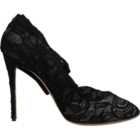 Dolce & Gabbana Black Lace Stretch Heels Mid Calf Boots Shoes