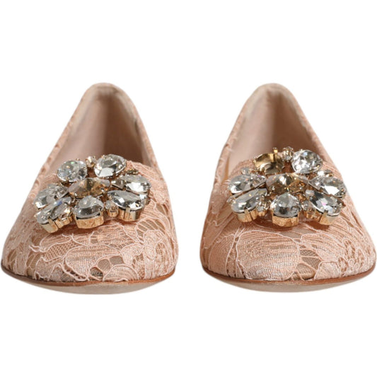 Dolce & Gabbana Beige Lace Crystal Ballet Flats Loafers Shoes