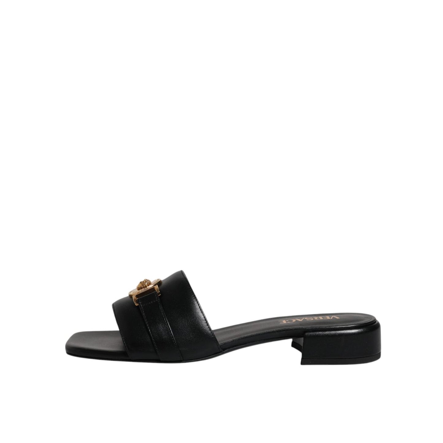 Versace Black Leather Logo Plaque Slip On Slides Flats Shoes