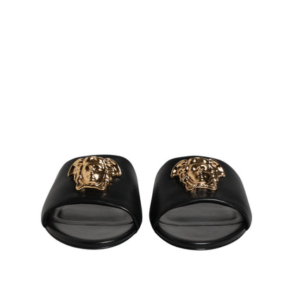 Versace Black Leather Logo Plaque Slip On Slides Flats Shoes