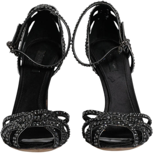 Dolce & Gabbana Black Strass Ankle Strap Heels Sandals Shoes