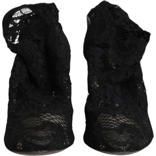Dolce & Gabbana Black Lace Stretch Heels Mid Calf Boots Shoes