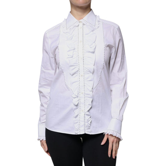 Dolce & Gabbana White Cotton Long Sleeves Ruffle Collar Top TSH86824-38
