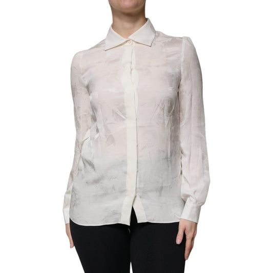 Dolce & Gabbana White Silk Collared Long Sleeves Shirt Top TSH86825-38