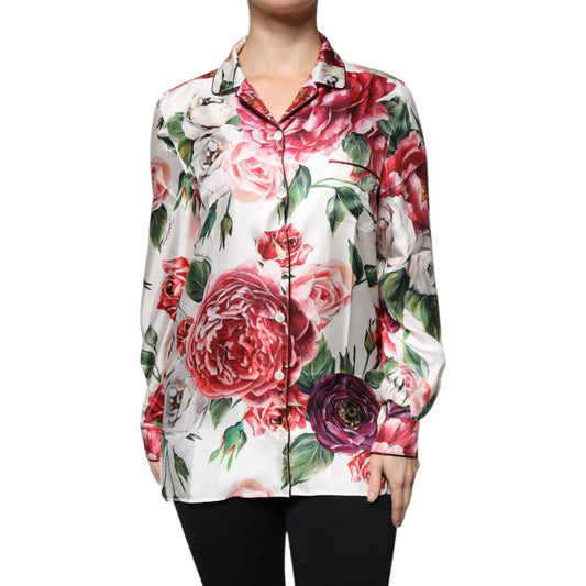 Dolce & Gabbana White Peony Silk Long Sleeves Collared Blouse Top TSH86827-38