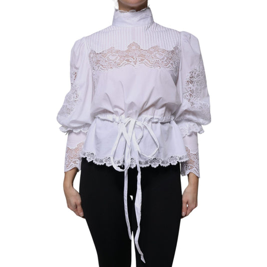 Dolce & Gabbana White Cotton Lace Trim Turtleneck Blouse Top TSH87562-44