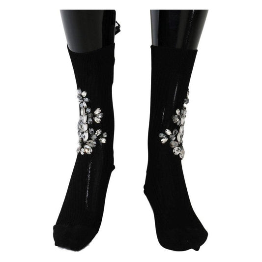Dolce & Gabbana Black Knitted Floral Clear Crystal Socks SCS50-2