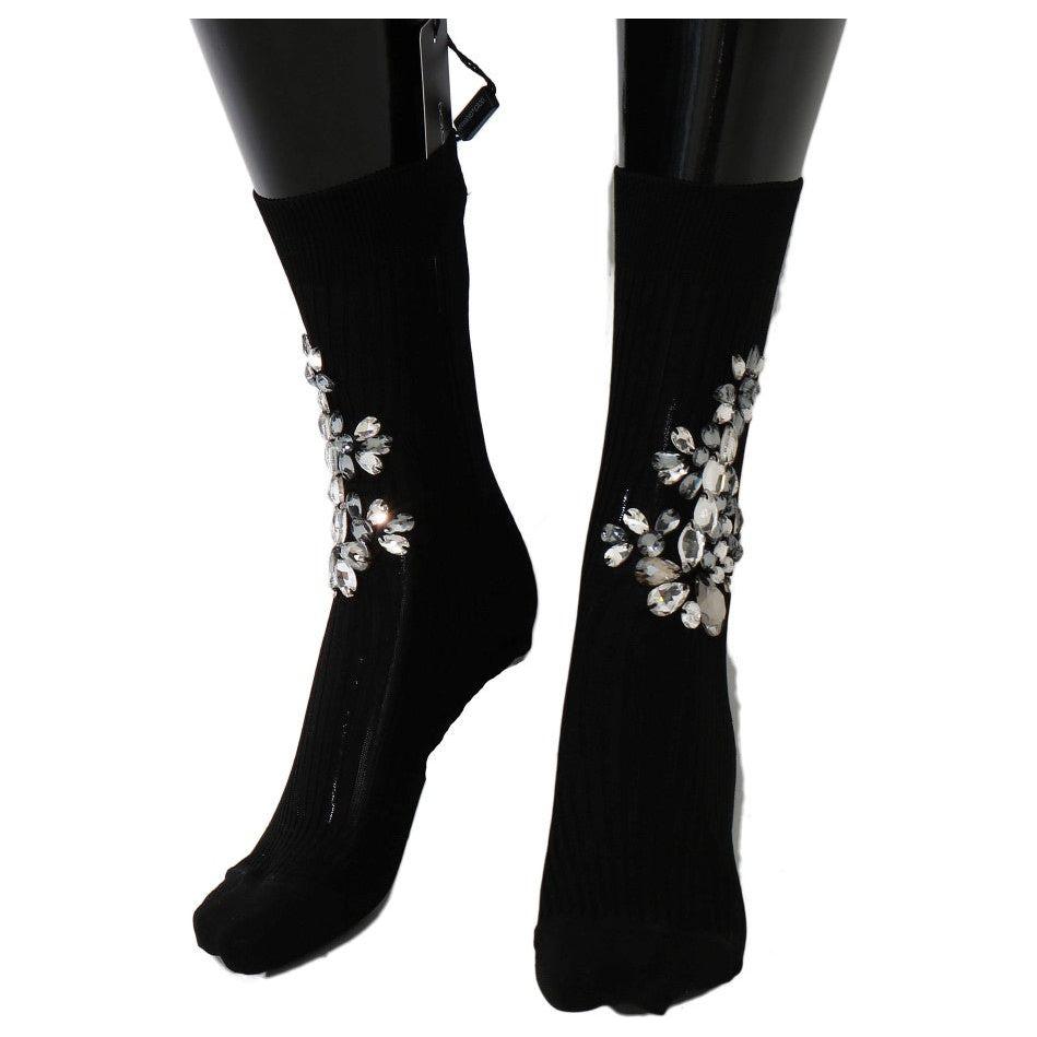 Dolce & Gabbana Black Knitted Floral Clear Crystal Socks