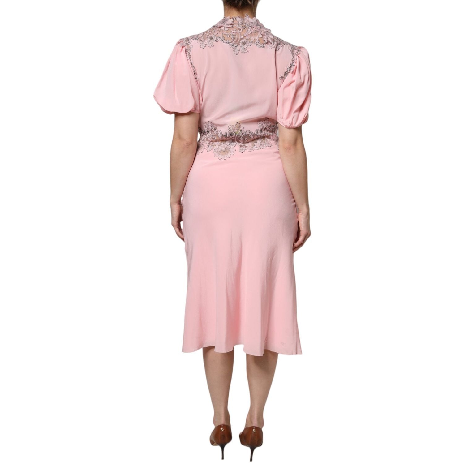 Ermanno Scervino Pink Floral Lace Short Sleeves V-neck Midi Dress